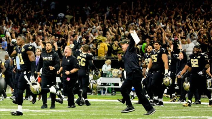 Oct 30, 2016; New Orleans, LA, USA; New Orleans Saints head coach Sean Payton left celebrates with his team after a win against the Seattle Seahawks in a game at the Mercedes-Benz Superdome. The Saints defeated the Seahawks 25-20. Mandatory Credit: Derick E. Hingle-USA TODAY Sports