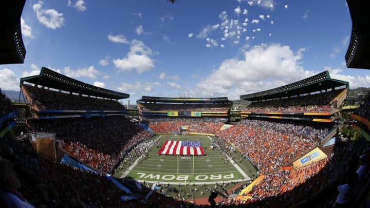 Jan 31, 2016; Honolulu, HI, USA; General view of a flyover during the playing of the national anthem with the United States flag on the field before the 2016 Pro Bowl at Aloha Stadium. Mandatory Credit: Kirby Lee-USA TODAY Sports