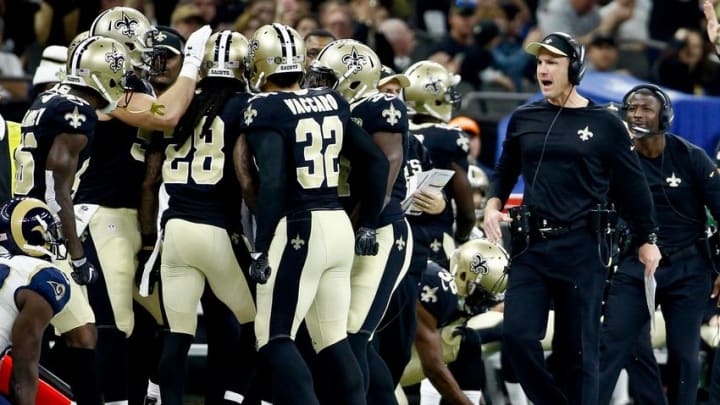 Nov 27, 2016; New Orleans, LA, USA; New Orleans Saints defensive coordinator Dennis Allen (right) celebrates with his team following a defensive stop against the Los Angeles Rams during the first half of a game at the Mercedes-Benz Superdome. Mandatory Credit: Derick E. Hingle-USA TODAY Sports