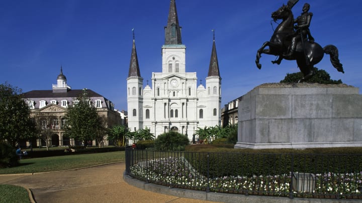 UNITED STATES – APRIL 23: Jackson Square, with the equestrian statue of Andrew Jackson and St Louis Cathedral, New Orleans, Louisiana, United States of America. (Photo by DeAgostini/Getty Images)