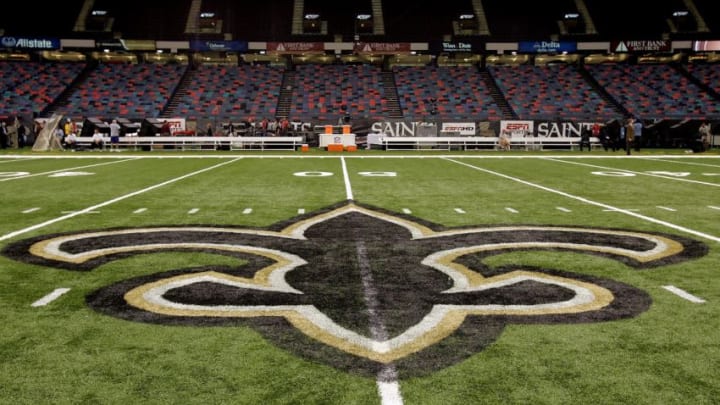 NEW ORLEANS - SEPTEMBER 25: An interior view of the field showing the New Orleans Saints logo, a fleur-de-lis, in the newly refurbished Superdome prior to the Monday Night Football game between the Atlanta Falcons and the New Orleans Saints on September 25, 2006 at the Superdome in New Orleans, Louisiana. Tonight's game marks the first time since Hurricane Katrina struck last August, that the Superdome, which served as a temporary shelter to thousands of stranded victims in the wake of Katrina, has played host to an NFL game. (Photo by Ronald Martinez/Getty Images)