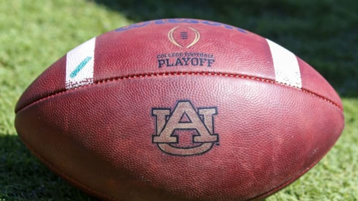 08 October 2016: A football with the Auburn Tigers logo during the Auburn Tigers 38-14 win over the Mississippi State Bulldogs game at Davis Wade Stadium in Starkville, Mississippi. (Photo by Andy Altenburger/Icon Sportswire via Getty Images).