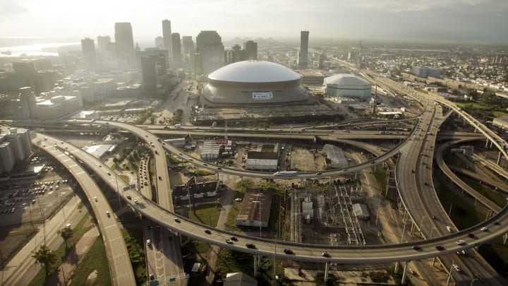 NEW ORLEANS – AUGUST 25: The repaired Louisiana Superdome sits near the city skyline are seen August 25, 2006 in New Orleans, Louisiana. The first anniversary of Hurricane Katrina is August 29. (Photo by Mario Tama/Getty Images)