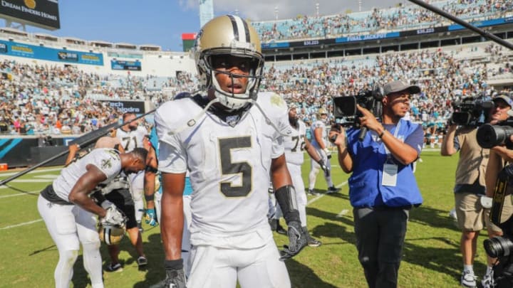 JACKSONVILLE, FLORIDA - OCTOBER 13: Teddy Bridgewater #5 of the New Orleans Saints looks on after a game against the Jacksonville Jaguars at TIAA Bank Field on October 13, 2019 in Jacksonville, Florida. (Photo by James Gilbert/Getty Images)