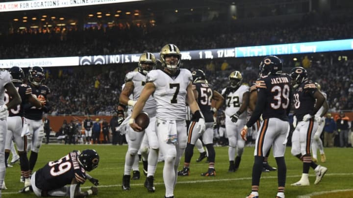 CHICAGO, ILLINOIS - OCTOBER 20: Taysom Hill #7 of the New Orleans Saints celebrates his touchdown against the Chicago Bears during the second half at Soldier Field on October 20, 2019 in Chicago, Illinois. (Photo by David Banks/Getty Images)