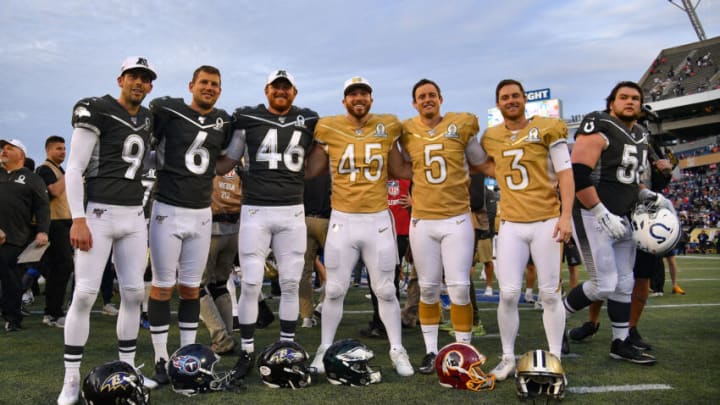 ORLANDO, FLORIDA - JANUARY 26: Special Teams players Justin Tucker #9 of the Baltimore Ravens, Brett Kern #6 of the Tennessee Titans, Morgan Cox #46 of the Baltimore Ravens of Team AFC pose with Rick Lovato #45 of the Philadelphia Eagles, Tress Way #5 of the Washington Redskins, and Will Lutz #3 of the New Orleans Saints of Team NFC after the 2020 NFL Pro Bowl at Camping World Stadium on January 26, 2020 in Orlando, Florida. (Photo by Mark Brown/Getty Images)