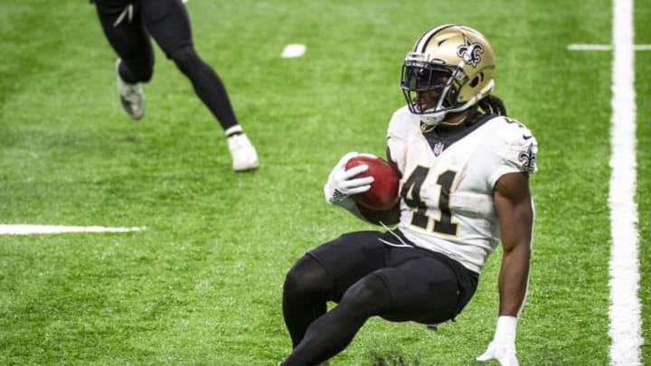 DETROIT, MI - OCTOBER 04: Alvin Kamara #41 of the New Orleans Saints slides during the fourth quarter against the Detroit Lions at Ford Field on October 4, 2020 in Detroit, Michigan. (Photo by Nic Antaya/Getty Images)