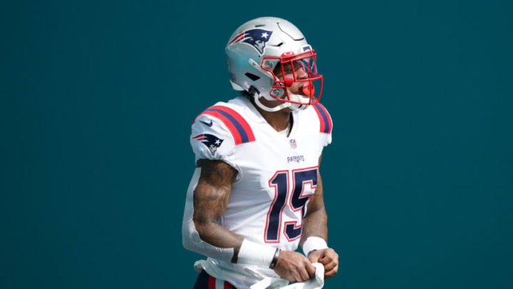 MIAMI GARDENS, FLORIDA - DECEMBER 20: N'Keal Harry #15 of the New England Patriots takes the field prior to the game against the Miami Dolphins at Hard Rock Stadium on December 20, 2020 in Miami Gardens, Florida. (Photo by Mark Brown/Getty Images)