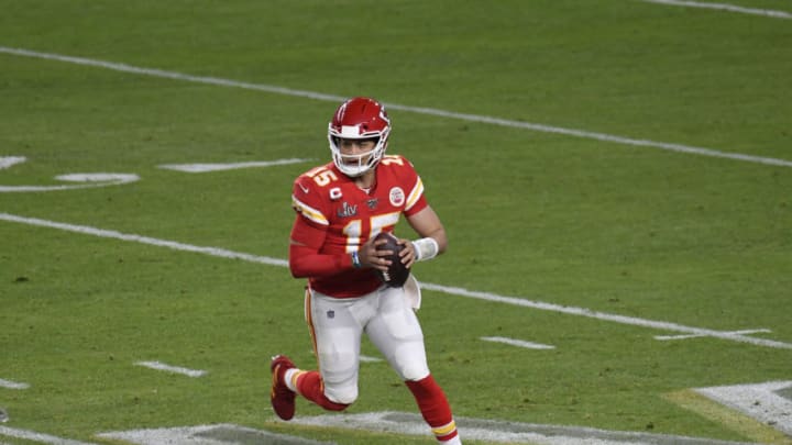 MIAMI, FLORIDA - FEBRUARY 02: Patrick Mahomes #15 of the Kansas City Chiefs looks to pass against the San Francisco 49ers in Super Bowl LIV at Hard Rock Stadium on February 02, 2020 in Miami, Florida. The Chiefs won the game 31-20. (Photo by Focus on Sport/Getty Images)