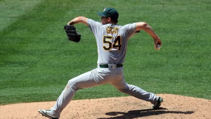 June 26, 2016; Anaheim, CA, USA; Oakland Athletics starting pitcher Sonny Gray (54) throws in the sixth inning against Los Angeles Angels at Angel Stadium of Anaheim. Mandatory Credit: Gary A. Vasquez-USA TODAY Sports