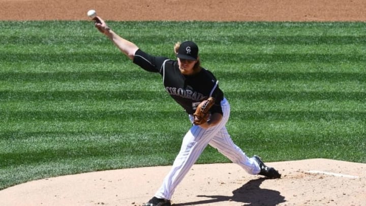Aug 7, 2016; Denver, CO, USA; Colorado Rockies starting pitcher Jon Gray (55) delivers a pitch in the first inning against the Miami Marlins at Coors Field. Mandatory Credit: Ron Chenoy-USA TODAY Sports
