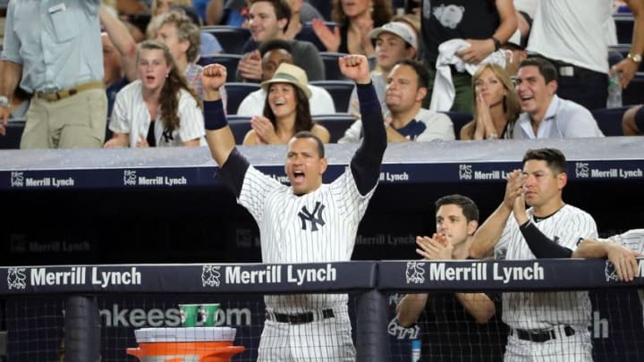 Aug 12, 2016; Bronx, NY, USA; New York Yankees designated hitter Alex Rodriguez (13) reacts from the dugout as shortstop Didi Gregorius (18) and first baseman Mark Teixeira (not pictured) score during the fourth inning against the Tampa Bay Rays at Yankee Stadium. Mandatory Credit: Anthony Gruppuso-USA TODAY Sports