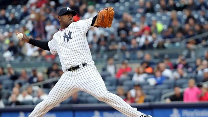 Oct 1, 2016; Bronx, NY, USA; New York Yankees starting pitcher Luis Severino (40) pitches during the first inning against the Baltimore Orioles at Yankee Stadium. Mandatory Credit: Anthony Gruppuso-USA TODAY Sports Oct 1, 2016; Bronx, NY, USA; New York Yankees starting pitcher Luis Severino (40) pitches during the first inning against the Baltimore Orioles at Yankee Stadium. Mandatory Credit: Anthony Gruppuso-USA TODAY Sports