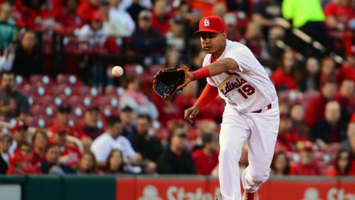 May 4, 2016; St. Louis, MO, USA; St. Louis Cardinals third baseman Ruben Tejada (19) fields a ground ball hit by Philadelphia Phillies catcher Carlos Ruiz (not pictured) during the second inning at Busch Stadium. Mandatory Credit: Jeff Curry-USA TODAY Sports May 4, 2016; St. Louis, MO, USA; St. Louis Cardinals third baseman Ruben Tejada (19) fields a ground ball hit by Philadelphia Phillies catcher Carlos Ruiz (not pictured) during the second inning at Busch Stadium. Mandatory Credit: Jeff Curry-USA TODAY Sports