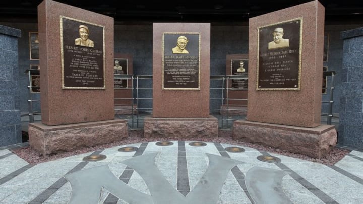 NEW YORK - MAY 02: The monuments of (L-R) Lou Gehrig, Miller Huggins, and Babe Ruth are seen in Monument Park at Yankee Stadium prior to game between the New York Yankees and the Chicago White Sox on May 2, 2010 in the Bronx borough of New York City. The Yankees defeated the White Sox 12-3. (Photo by Jim McIsaac/Getty Images)