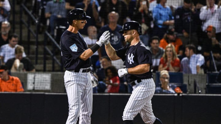 TAMPA, FL - MARCH 12: Brett Gardner #11 of the New York Yankees celebrates a homerun with Troy Tulowitzki #12 in the fourth inning during the spring training game against the Baltimore Orioles at Steinbrenner Field on March 12, 2019 in Tampa, Florida. (Photo by Mark Brown/Getty Images)
