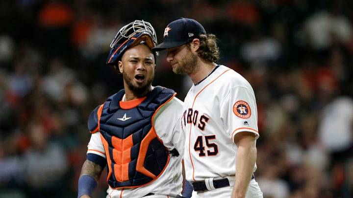 HOUSTON, TX - AUGUST 22: Martin Maldonado #12 of the Houston Astros talks with Gerrit Cole #45 after the top of the seventh inning against the Detroit Tigers at Minute Maid Park on August 22, 2019 in Houston, Texas. (Photo by Tim Warner/Getty Images) HOUSTON, TX - AUGUST 22: Martin Maldonado #12 of the Houston Astros talks with Gerrit Cole #45 after the top of the seventh inning against the Detroit Tigers at Minute Maid Park on August 22, 2019 in Houston, Texas. (Photo by Tim Warner/Getty Images)