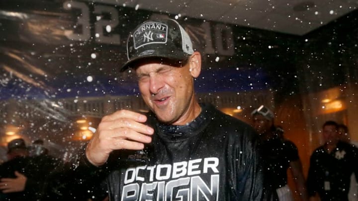 NEW YORK, NEW YORK - SEPTEMBER 19: Manager Aaron Boone #17 of the New York Yankees celebrates after the New York Yankees clinched the American League Division title with the 9-1 win over the Los Angeles Angels at Yankee Stadium on September 19, 2019 in Bronx borough of New York City. (Photo by Elsa/Getty Images) NEW YORK, NEW YORK - SEPTEMBER 19: Manager Aaron Boone #17 of the New York Yankees celebrates after the New York Yankees clinched the American League Division title with the 9-1 win over the Los Angeles Angels at Yankee Stadium on September 19, 2019 in Bronx borough of New York City. (Photo by Elsa/Getty Images)