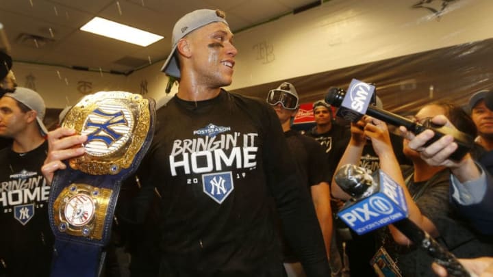 Aaron Judge of the New York Yankees celebrates during the 2019 MLB Playoffs. Aaron Judge of the New York Yankees celebrates during the 2019 MLB Playoffs.
