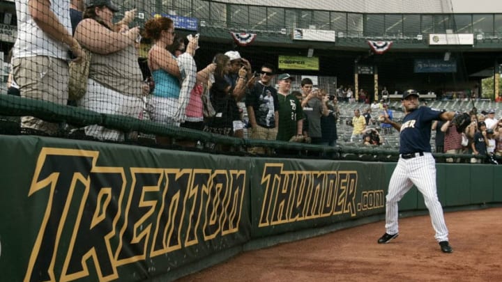 TRENTON, NJ - JULY 2: Derek Jeter #2 of the New York Yankees warms up before the start of his minor league rehab start with the Trenton Thunder in a game against the Altoona Curve on July 2, 2011 at Mercer County Waterfront Park in Trenton, New Jersey. Jeter is set to rejoin the Yankees in Cleveland on Monday in his return from a calf injury. (Photo by Rich Schultz/Getty Images)