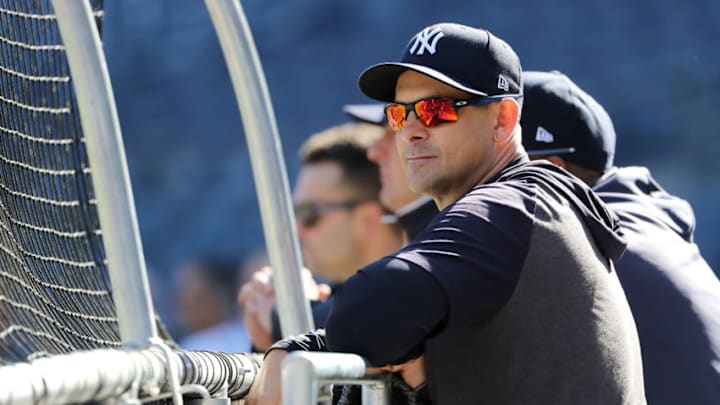 NEW YORK, NEW YORK - OCTOBER 15: Manager Aaron Boone of the New York Yankees looks on during batting practice prior to game three of the American League Championship Series against the Houston Astros at Yankee Stadium on October 15, 2019 in New York City. (Photo by Elsa/Getty Images) NEW YORK, NEW YORK - OCTOBER 15: Manager Aaron Boone of the New York Yankees looks on during batting practice prior to game three of the American League Championship Series against the Houston Astros at Yankee Stadium on October 15, 2019 in New York City. (Photo by Elsa/Getty Images)
