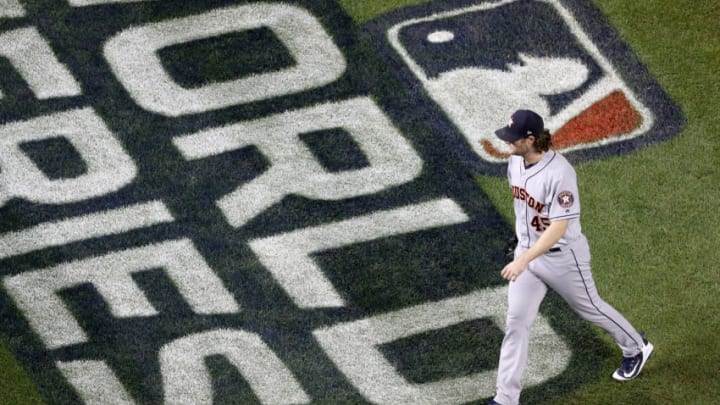 WASHINGTON, DC - OCTOBER 27: Gerrit Cole #45 of the Houston Astros walks off the field after retiring the side against the Washington Nationals during the sixth inning in Game Five of the 2019 World Series at Nationals Park on October 27, 2019 in Washington, DC. (Photo by Will Newton/Getty Images)