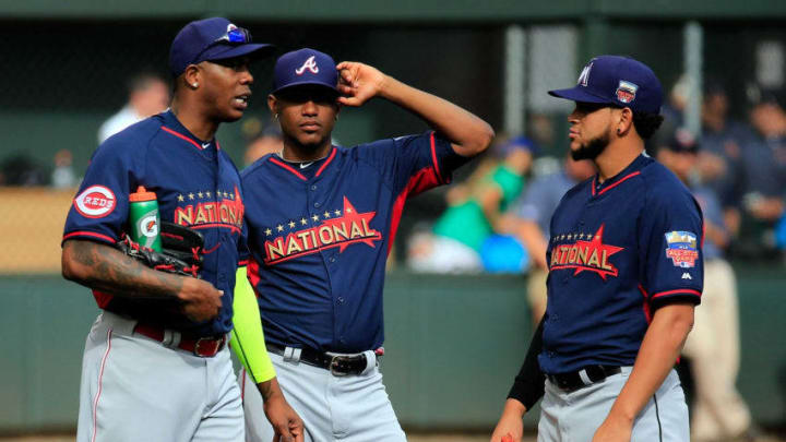 MINNEAPOLIS, MN - JULY 14: Aroldis Chapman of the Cincinnati Reds, Julio Teheran of the Atlanta Braves, and Henderson Alvarez of the Miami Marlins speak during the Gatorade All-Star Workout Day at Target Field on July 14, 2014 in Minneapolis, Minnesota. (Photo by Rob Carr/Getty Images)