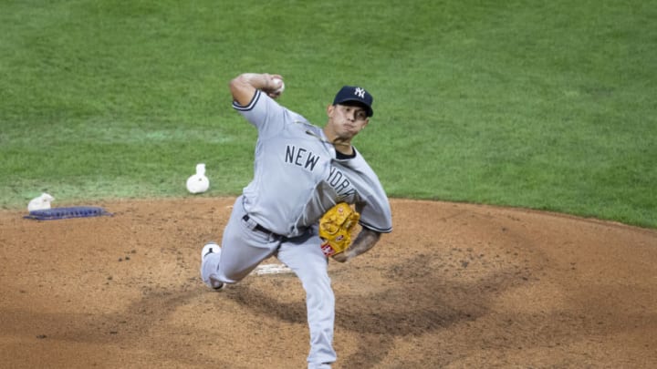 PHILADELPHIA, PA - AUGUST 05: Jonathan Loaisiga #43 of the New York Yankees throws a pitch in the bottom of the second inning against the Philadelphia Phillies during Game Two of the doubleheader at Citizens Bank Park on July 27, 2020 in Philadelphia, Pennsylvania. (Photo by Mitchell Leff/Getty Images)