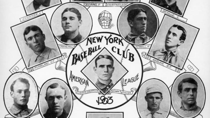 NEW YORK – 1903. The 1903 New York Highlanders pose for portraits made into this team photo collage by the Sporting Life newspaper in 1903. Willie Keeler, second row down, far right, Herman Long, third row, second from right, plus Clark Griffith, manager and second baseman, center, and Jack Chesbro, bottom row, far right, are the stars of the team. (Photo by Mark Rucker/Transcendental Graphics, Getty Images)