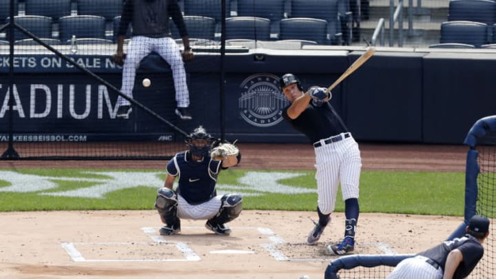 Aaron Judge #99 of the New York Yankees bats during summer workouts at Yankee Stadium. (Photo by Jim McIsaac/Getty Images)
