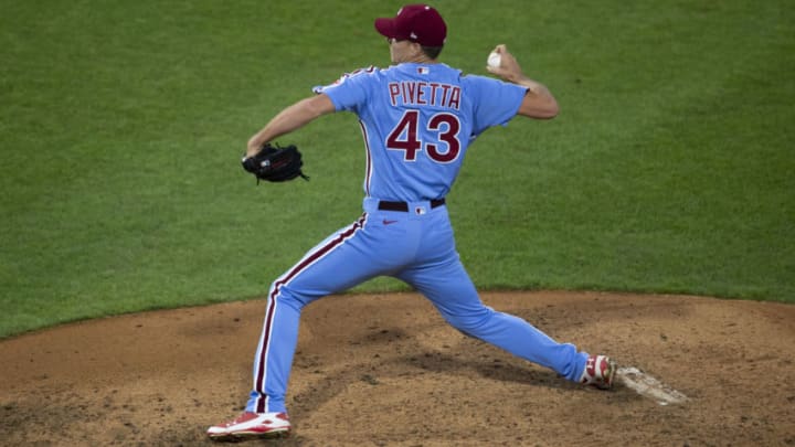 PHILADELPHIA, PA - AUGUST 06: Nick Pivetta #43 of the Philadelphia Phillies throws a pitch against the New York Yankees at Citizens Bank Park on August 6, 2020 in Philadelphia, Pennsylvania. The Phillies defeated the Yankees 5-4. (Photo by Mitchell Leff/Getty Images)