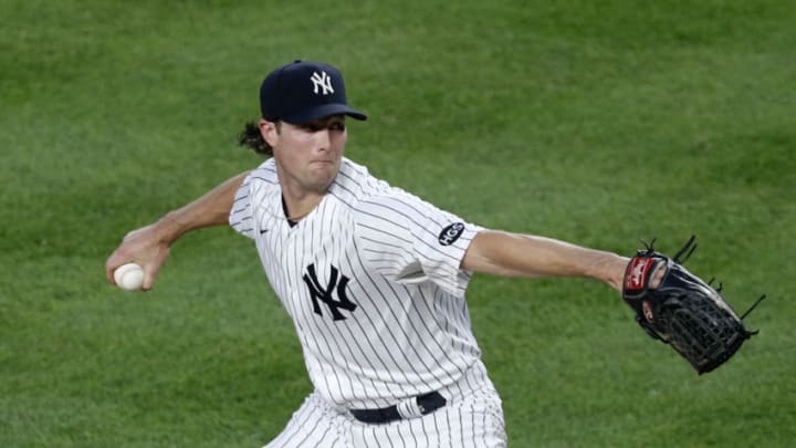 Gerrit Cole #45 of the New York Yankees in action against the Philadelphia Phillies at Yankee Stadium on August 03, 2020 in New York City. The Yankees defeated the Phillies 6-3. (Photo by Jim McIsaac/Getty Images)