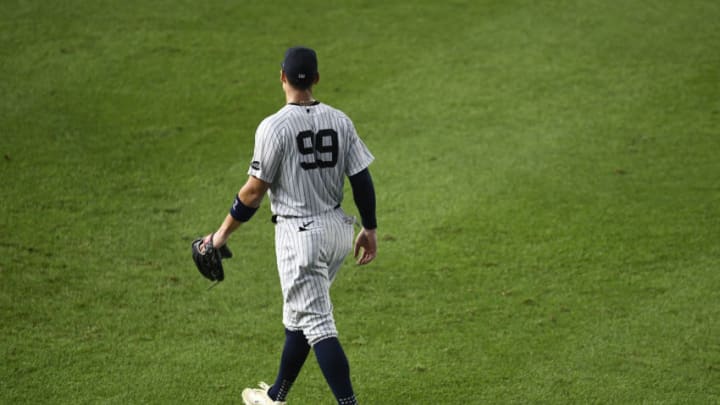 NEW YORK, NEW YORK - AUGUST 11: Aaron Judge #99 of the New York Yankees looks on in right field during the sixth inning against the Atlanta Braves at Yankee Stadium on August 11, 2020 in the Bronx borough of New York City. (Photo by Sarah Stier/Getty Images)