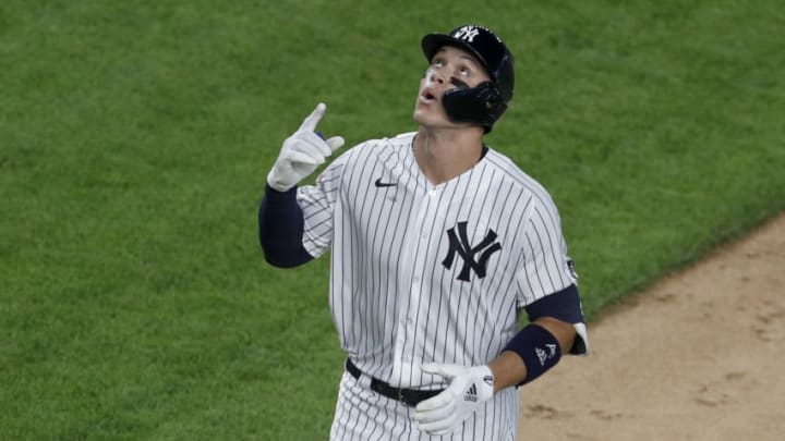 Aaron Judge #99 of the New York Yankees celebrates his fifth inning home run against the Atlanta Braves at Yankee Stadium on August 11, 2020 in New York City. The Yankees defeated the Braves 9-6. (Photo by Jim McIsaac/Getty Images)