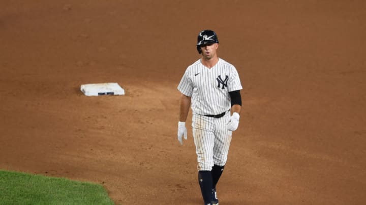Brett Gardner #11 of the New York Yankees looks on during the fourth inning against the Boston Red Sox at Yankee Stadium on August 14, 2020 in the Bronx borough of New York City. (Photo by Sarah Stier/Getty Images)