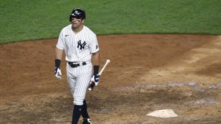 Mike Tauchman #39 of the New York Yankees reacts after striking oyt during the ninth inning against the Tampa Bay Rays at Yankee Stadium on September 02, 2020 in the Bronx borough of New York City. (Photo by Sarah Stier/Getty Images)