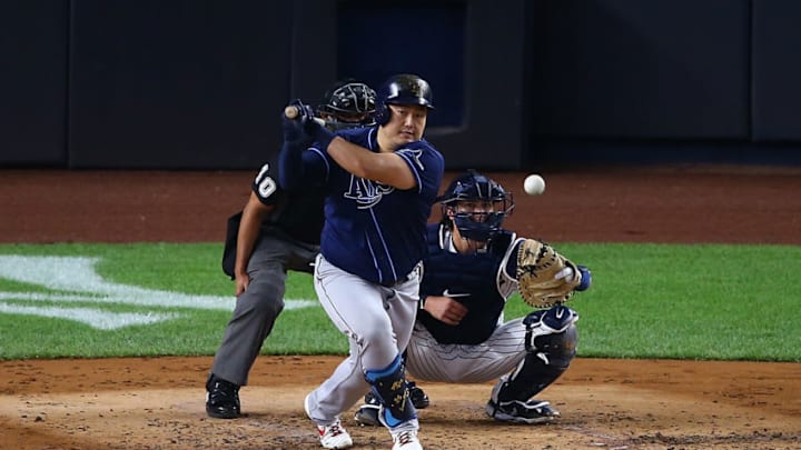 NEW YORK, NEW YORK - SEPTEMBER 01: Ji-Man Choi #26 of the Tampa Bay Rays in action against the New York Yankees at Yankee Stadium on September 01, 2020 in New York City. New York Yankees defeated the Tampa Bay Rays 5-3. (Photo by Mike Stobe/Getty Images)