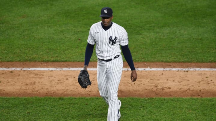 NEW YORK, NEW YORK - SEPTEMBER 25: Aroldis Chapman #54 of the New York Yankees smiles after pitching during the ninth inning against the Miami Marlins at Yankee Stadium on September 25, 2020 in the Bronx borough of New York City. (Photo by Sarah Stier/Getty Images)