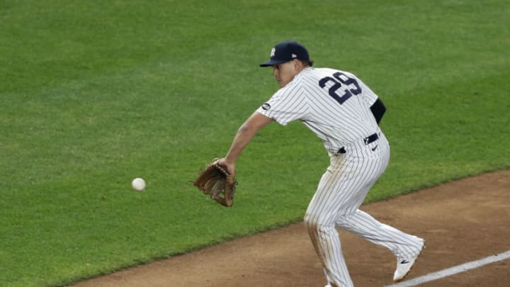 NEW YORK, NEW YORK - SEPTEMBER 25: (NEW YORK DAILIES OUT) Gio Urshela #29 of the New York Yankees in action against the Miami Marlins at Yankee Stadium on September 25, 2020 in New York City. The Marlins defeated the Yankees 4-3 in ten innings and clinched a playoff spot. (Photo by Jim McIsaac/Getty Images)