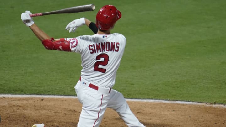 ANAHEIM, CA - SEPTEMBER 16: Andrelton Simmons #2 of the Los Angeles Angels gets a hit against the Arizona Diamondbacks at Angel Stadium of Anaheim on September 16, 2020 in Anaheim, California. (Photo by John McCoy/Getty Images)
