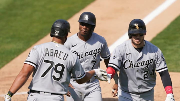 OAKLAND, CALIFORNIA - SEPTEMBER 30: Yasmani Grandal #24 of the Chicago White Sox is congratulated by Jose Abreu #79 after Grandal hit a two-run home run against the Oakland Athletics during the eighth inning of Game Two of the American League Wild Card Round at RingCentral Coliseum on September 30, 2020 in Oakland, California. (Photo by Thearon W. Henderson/Getty Images) OAKLAND, CALIFORNIA - SEPTEMBER 30: Yasmani Grandal #24 of the Chicago White Sox is congratulated by Jose Abreu #79 after Grandal hit a two-run home run against the Oakland Athletics during the eighth inning of Game Two of the American League Wild Card Round at RingCentral Coliseum on September 30, 2020 in Oakland, California. (Photo by Thearon W. Henderson/Getty Images)