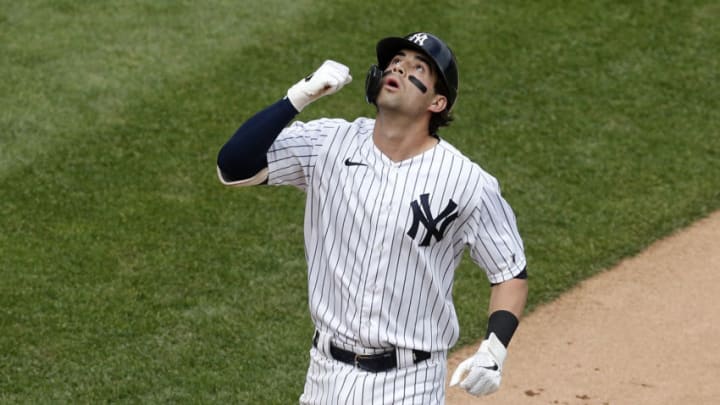 NEW YORK, NEW YORK - SEPTEMBER 26: (NEW YORK DAILIES OUT) Tyler Wade #14 of the New York Yankees celebrates his fifth inning two run home run against the Miami Marlins at Yankee Stadium on September 26, 2020 in New York City. The Yankees defeated the Marlins 11-4. (Photo by Jim McIsaac/Getty Images)