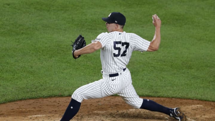 NEW YORK, NEW YORK - SEPTEMBER 02: (NEW YORK DAILIES OUT) Chad Green #57 of the New York Yankees in action against the Tampa Bay Rays at Yankee Stadium on September 02, 2020 in New York City. The Rays defeated the Yankees 5-2. (Photo by Jim McIsaac/Getty Images)