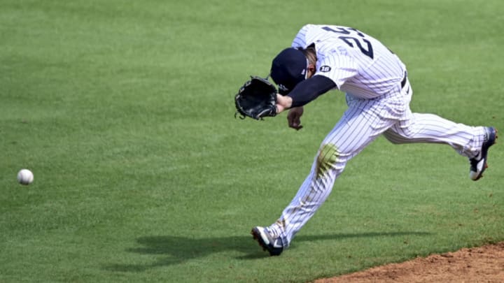 TAMPA, FLORIDA - FEBRUARY 28: Gleyber Torres #25 of the New York Yankees attempts to field a line drive during the third inning against the Toronto Blue Jays during a spring training game at George M. Steinbrenner Field on February 28, 2021 in Tampa, Florida. (Photo by Douglas P. DeFelice/Getty Images)