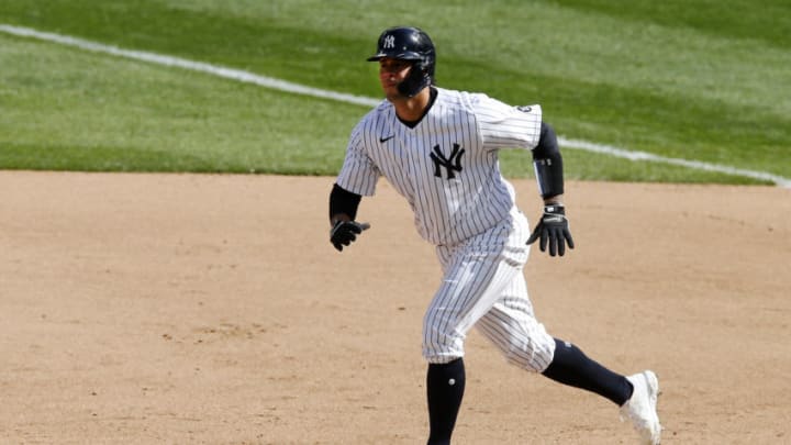 NEW YORK, NEW YORK - APRIL 01: (NEW YORK DAILIES OUT) Gary Sanchez #24 of the New York Yankees in action against the Toronto Blue Jays at Yankee Stadium on April 01, 2021 in New York City. The Blue Jays defeated the Yankees 3-2 in ten innings. (Photo by Jim McIsaac/Getty Images)