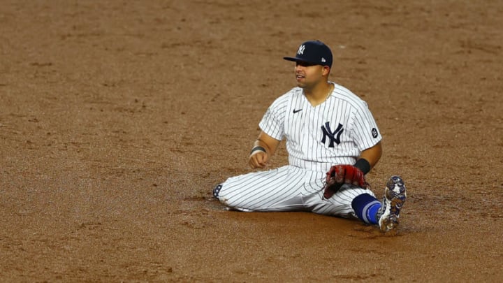 NEW YORK, NEW YORK - APRIL 16: Rougned Odor #18 of the New York Yankees reacts during the game against the Tampa Bay Rays at Yankee Stadium on April 16, 2021 in New York City. (Photo by Mike Stobe/Getty Images)