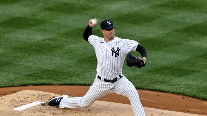 NEW YORK, NEW YORK - APRIL 21: Corey Kluber #28 of the New York Yankees delivers a pitch in the first inning against the Atlanta Braves at Yankee Stadium on April 21, 2021 in the Bronx borough of New York City. (Photo by Elsa/Getty Images)