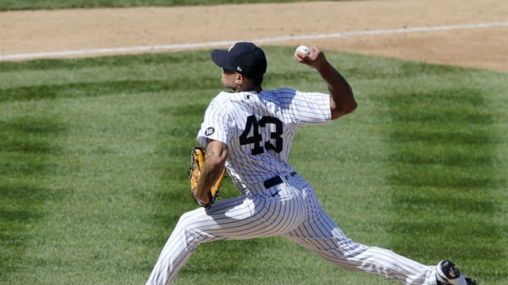 NEW YORK, NEW YORK - APRIL 03: (NEW YORK DAILIES OUT) Jonathan Loaisiga #43 of the New York Yankees in action against the New York Yankees at Yankee Stadium on April 03, 2021 in New York City. The Yankees defeated the Blue Jays 5-3. (Photo by Jim McIsaac/Getty Images)