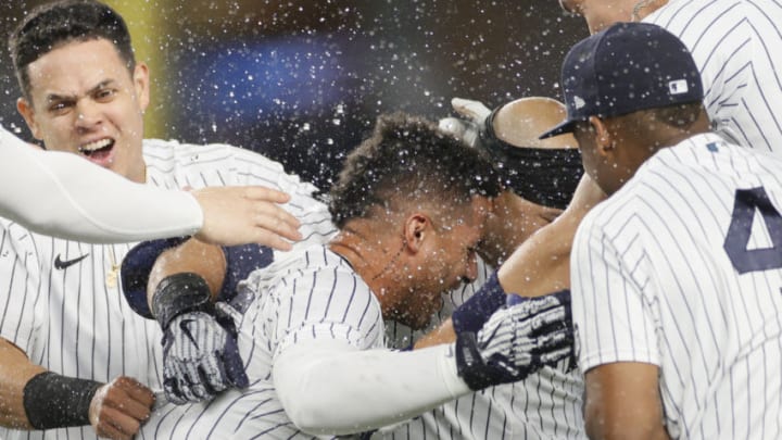 NEW YORK, NEW YORK - MAY 21: Aaron Judge #99, Miguel Andujar #41, and Gio Urshela #29 celebrate with Gleyber Torres #25 of the New York Yankees (Photo by Sarah Stier/Getty Images)