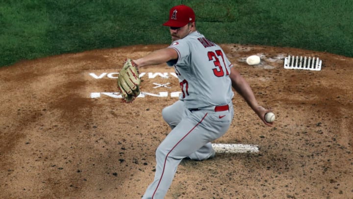 ARLINGTON, TEXAS - SEPTEMBER 10: Dylan Bundy #37 of the Los Angeles Angels throws against the Texas Rangers in the third inning at Globe Life Field on September 10, 2020 in Arlington, Texas. (Photo by Ronald Martinez/Getty Images)